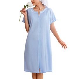 Ekouaer Women Zipper Robe Short Waffle Knit Bathrobe Lightweight Housecoat Soft Knee Length Loungewear with Pockets Light Blue, M