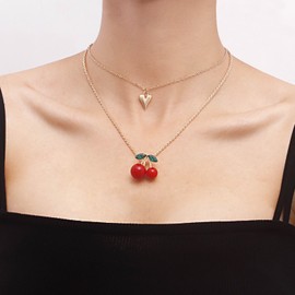 Cimenexe Bohemian Layered Heart Cherry Choker Necklace Gold Heart Pendant Necklace Red Crystal Cherry Chain Necklace Retro Heart Cherry Necklace Jewelry for Women and Girls Gifts