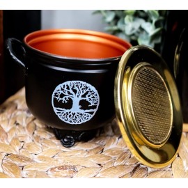 Brass Grated Tray Celtic Golden Tree of Life Imprinted Cauldron Incense Burner