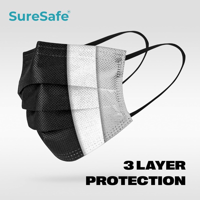 SURESAFE Premium Black Mask - Disposable Face Mask Pack of