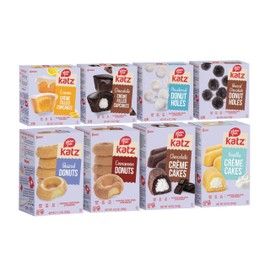 Katz Gluten Free 8 Pack, 2 Crème Cakes, 2 Crème Cupcakes, 2 Donuts, 2 Donut Holes. Free of Dairy, Tree Nuts, Peanuts, Sesame, and Soy.