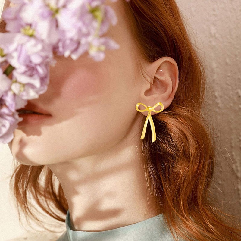 Gold Bow Earrings Gold Ribbon Earrings Dangle Gold Bow Jewelry