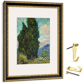 Yaetm 16x20 Vintage Picture Frame, Ornate Antique Gold 16x20 Frame for Wall, White Mat for 11x14 Photos, 1.4-inch Wide Molding - Portrait or Landscape - Wall Mount for Home (Black/Gold, Single)