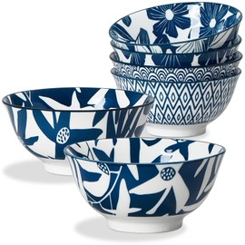 ONEMORE 20oz Ceramic Cereal Bowls Set of 6, Porcelain Dinner Bowls for Soup, Dessert, Ice Cream - Microwavable, Dishwasher & Oven Safe, Large Kitchen Bowls, Scratch Resistant - Vintage Blue & White