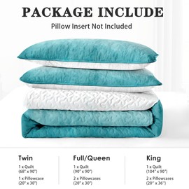 Zzzboro Quilt Set Full Queen Size for Children Kids Adults, Turquoise Ocean Waves Teal Abstract Bedding Decor Aqua Elegant White Pastel Cloud Bedspread Bedroom Coverlet Bed Comforter 2 Pillowcases