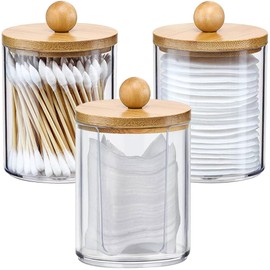 YZDZSW Cotton Buds Container, Pack of 3 Cotton Buds Holder, Acrylic Cotton Pads Storage, Cotton Pads Storage with Bamboo Lids for Dressing Table, Bathroom