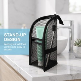 UZYXC 1 Pc Standing Toiletry Bag, Waterproof Travel Makeup Brush Organiser, Portable Upright Pouch for Toothbrush & Cosmetics, Stand Up Cosmetic Case with Brush Holder, Black for Women