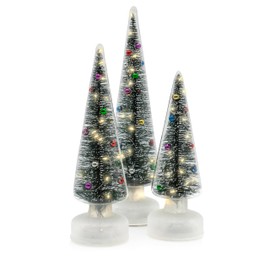 Red Co. Set of 3 (14”, 12”, 10”) Clear Glass Light-Up Decorative Tabletop Christmas Tree Holiday Figurine with LED Lights, Tinsel & Ornaments