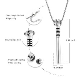 Oinsi Baseball Bat Stainless Steel Cremation Jewelry For Ashes For Women Men Sport Keepsake Memorial Urn Pendant Necklace, Metal, No Gemstone