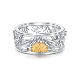 DAOCHONG Sterling Silver You are My Sunshine Sunflower CZ Ring 100 Languages I Love You Stone Ring (C(Filigree), 7)