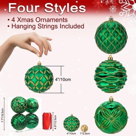 Oairse 4"/10cm Large Christmas Balls Ornaments Shatterproof Big Green Christmas Ornaments Balls for Christmas Tree 4 Pcs Christmas Tree Ornaments for Xmas Trees Holiday Wedding Party Decoration