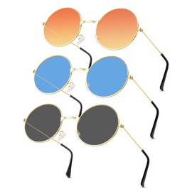 3 Pairs Round Hippie Sunglasses, Hippie Costume Glasses, Retro Party Glasses, Costume Accessories for Carnival Party, Photo Props, Women and Men, Black, blue, pink