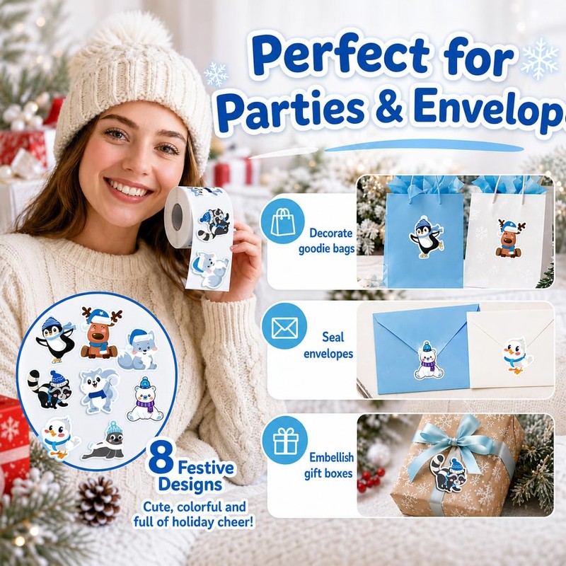 1.5 inches 500pcs Winter Animal Stickers Roll, Christmas Envelope Seals