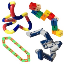 Sensory Fidget Pack Stress Reducer Anxiety Relief Toys for Focus & Calm with Tangle® Classic , Snap N Click Fidget, Wooden Fidget Blocks and Round Snake Fidget 4 Pk