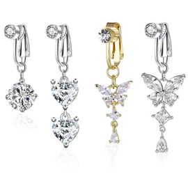 IETWATE 4PCS Fake Belly Button Piercing, Butterfly Heart Dangle Fake Belly Piercing, Silver and Gold Clip on Belly Button Piercing, Copper Inlaid Zircon Clip on Belly Button Ring, for Women