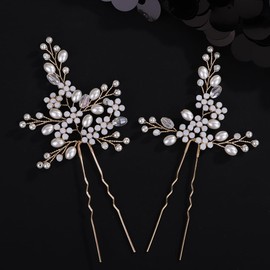 Octwine Handmade Bride Wedding Silver Gold Opal Rhinestone Hair Pins Bridal Hair Accessories Rhinestone Pearls Hair Pins Crystal Flower Hair Clips for Women (Gold, Width 2.55 inches)