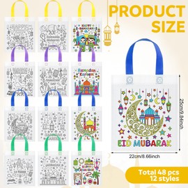 Saypacck 48 Pcs Ramadan Coloring Goodie Bags Bulk with Paint Pens Color Your Own Eid Mubarak Gift Bags Ramadan Crafts Reusable Canvas Bag for Eid Mubarak Home Activities Party Favors(Classic)