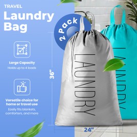 Handy Laundry Travel Laundry Bag - 2-Pack - Fun Print Design Bags for Dirty Clothes, Extra Large Capacity, Durable Water Resistant Fabric, Sturdy Drawstring Closure (Teal-Grey | Laundry)