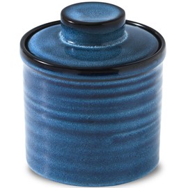 Hasense Ceramic Butter Crock with Lid, Butter Dish for Countertop with Water Line, French Butter Keeper Container for Spreadable Butter, Modern Kitchen Decor, Blue