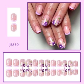 Short Press on Nails Floral French Tip Fake Nails Spring Purple Flower Acrylic Nails Square Glue on Nails Glossy Pink False Nails with Flower Cluster Designs Artificial French Short Nails for Women