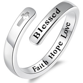 JXJL 925 Sterling Silver Inspirational Jewelry Adjustable Wrap Open Ring Encouragement Gift for Women(Blessed Faith Hope Love)