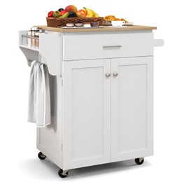 SILKYDRY Kitchen Island, Rolling Kitchen Carts on Wheels with Storage Cabinet, Drawer, Spice Rack, Towel Bar, Modern Serving Trolley Cart Island Table for Dining Room, White, 32.5" L x 19" W x 36" H