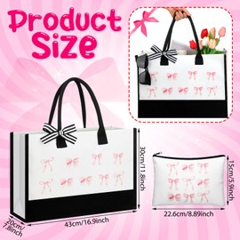 Paterr 2 Pcs Coquette Pink Bow Tote Bag and Makeup Bag Set for Valentine Coquette Stuff Bow Canvas Preppy Pouch Cosmetic Zipper Reusable Tote Gift for Party Favor Pink Bridal Engagement Party Supplies