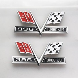 GIBURCER 2PCS 1965-1967 396 Turbo Jet V-Flag Emblem 3D Badge 3867312 Crossed Replacement for Corvette Chevelle (Silver Red), GIBURCER111
