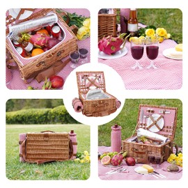 Picnic Basket for 2, Picnic Baskets with Waterproof Blanket, Picnic Hamper Set with Washable Beach Mat & Large Insulated Cooler Compartment, Handmade Natural Wicker Hamper for Camping, Outdoor Party