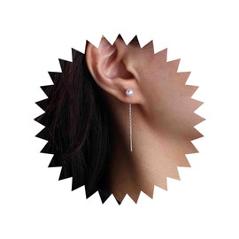 Cybche Vintage Small Pearl Threader Earrings Tassel Chain Threader Drop Earrings Pearl Drop Tassel Chain Earrings Silver Bar Threader Dangle Earrings Jewelry for Women