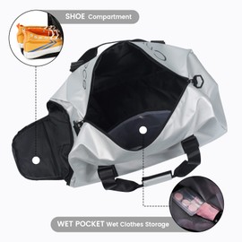 Sports Bags for Men and Women, Travel Bag and Handbags with Shoe Compartment and Wet Compartment, Travel Bag for Sports, Gym, Duffle Bag for Weekend Trips, Modern and Compact Gym Bag, silver