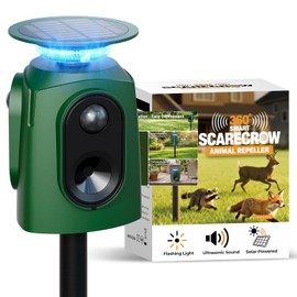 Solar Powered Cat Repellent Ultrasonic Deer Repellent 360 Degree Animal Deterrent Waterproof Squirrel Repeller with Flashing Light Outdoor Skunk Repellent Outdoor Yard Lawn Garden (Dark Olive)