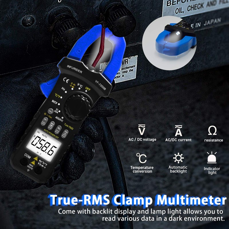 Digital Clamp Meter,INFURIDER YF-7200B TRMS Auto-Ranging AC DC Volt Amp