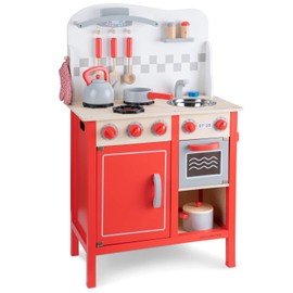 New Classic Toys Red Wooden Pretend Play Toy Kitchen for Kids with Role Play Bon Appetit Included Accesoires 550 x 300 x 890mm