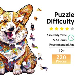 Jigfoxy Wooden Puzzles for Adults, Clever Corgi Wooden Jigsaw Puzzles for Adults, Unique Animal Shape Wood Cut Puzzles for Puzzle Lovers, Birthday Gifts for Family Friend (L-13.3 * 8.8in-220pcs)