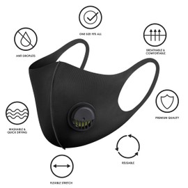 NUÜR 8pcs Fabric Resuable Face Mask with Air Valve and Ear Loops, Breathable, Soft, Washable, Durable for Everyday Public Use, Black
