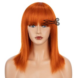 Joedir Straight Wig with Bangs 100% Human Hair Wigs for Women Glueless Non Lace Front Wigs for Daily Use Party Cosplay Orange Color
