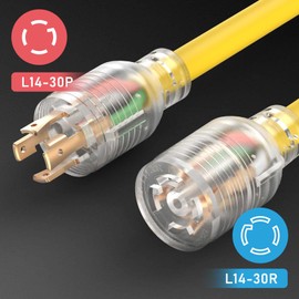 TOOLIOM 30 Amp Generator Cord, L14-30P/L14-30R Generator Extension Cord, UL Listed Heavy Duty Generator Power Cord 125/250V 7500W 10 AWG SJTW RV Extension Cord with Lighted Power Indicator (75FT)