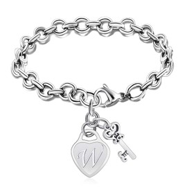 malyunin Initial Bracelets Heart Charm Bracelets for Women Charms Bracelet Stainless Steel Bracelet 26 Letters Jewelry Birthday Christmas Gifts A-Z (W)