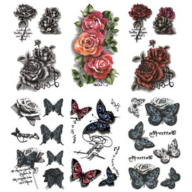 KING HORSE hm6019 Tattoo Sticker, Butterfly, Rose, Flower, Regular Size, 6 Types