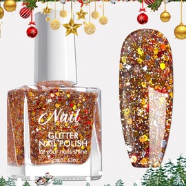 Chunky Glitter Christmas Nail Polish Gold , Air Dry Gold Glitter Nail Polish Christmas Colors, Confetti Nail Polish, Long Lasting Holiday Nail Polish, Rainbow Glitter Nail Polish for Women Girls