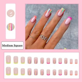 BAOYAALIN Medium Press on Nails Square French Fake Nails with Fashion Rainbow Stripes Design Full Cover Press ons Artificial Acrylic False Stick on Nail for Women Girls Daily Wear Wedding 24Pcs
