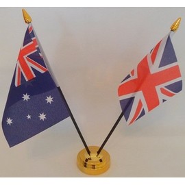 Australia Australian Union Jack 2 Flag Friendship Table Display With Gold Base