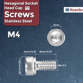 Kozelo 50pcs Socket Head Cap Screws - [M4-0.7 x 8mm] 304 Stainless Steel Fully Threaded Allen Socket Drive for Electrical Motor 3D Printing Fan Engine Replacement Use, Silver