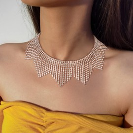 EVER FAITH Rhinestone Crystal Tassel Fringe Chain Necklace Summer Club Accessories Sparkly Choker Silver, Crystal, Rhinestone