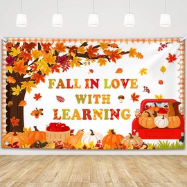 MEHOFOND 6x3.6ft Fall in Love with Learning Backdrop Autumn Thanksgiving Fall Tree Maple Leaves Fall Kids Students Classroom Elementary Library Decorations Banner Wallpaper Photo Booth Props