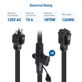 [UL Listed] Cable Matters 12AWG 50ft 15A Weatherproof Outdoor Power Extension Cord in Black with 6 Spaced Outlets - Outdoor Rated with Built-in Hanging Mounts for Christmas Lights and More