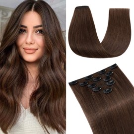 S-noilite Clip in Hair Extensions Real Human Hair,5Pcs Remy Natural Hair Extension Double Weft Thick Silky Seamless Clip in Hair Extensions for Women- #04 Medium Brown-14 Inch(60g)