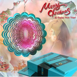 FONMY Wind Spinner Stainless Steel 3D Hanging Garden Decoration for Indoor Outdoor Blue-Pink Sunflower Metal Wind Spinners-12inch