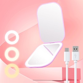 Gospire Espejo de maquillaje de viaje ultra delgado con luces y aumento, recargable 3X espejo de aumento con 3 colores de luz y brillo ajustable, espejo compacto LED para monederos, color morado
